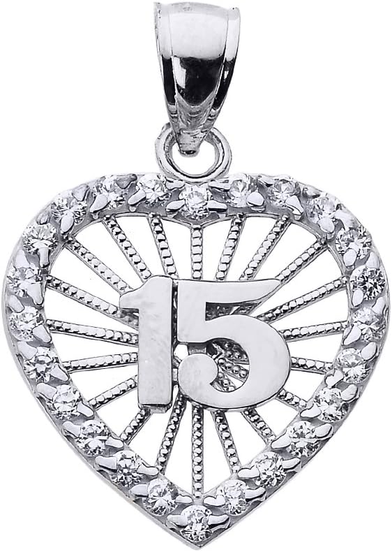 10k White Gold Sweet 15 Años Quinceanera Pendant Necklace with Cubic Zirconia Heart