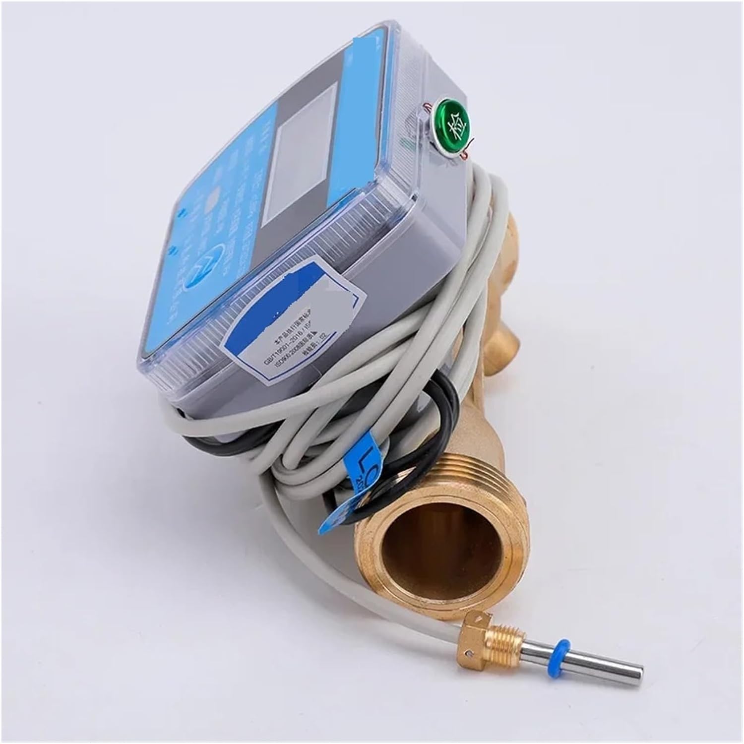 Side view of the Digital FlowMeter with wiring and temperature sensor