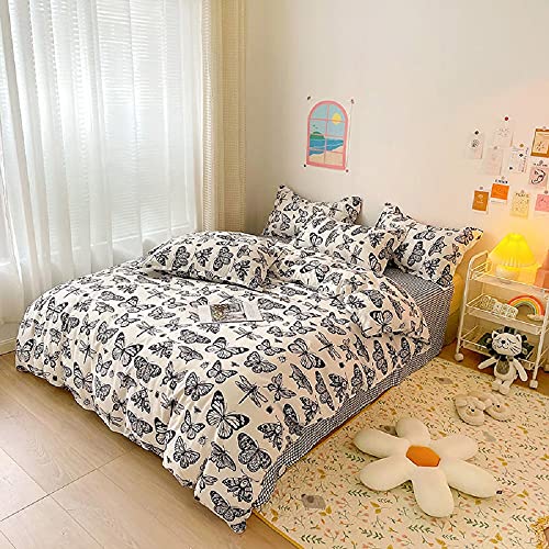 Dragonfly Comforter Cover Set Black And White Duvet Cover Full Size, Flying Butterflies Trippy Bedding Set For Kids Child Girls Moth Sketch Bed Sets Cozy Rustic Aesthetic Animal Bedroom Decor #TOP3
