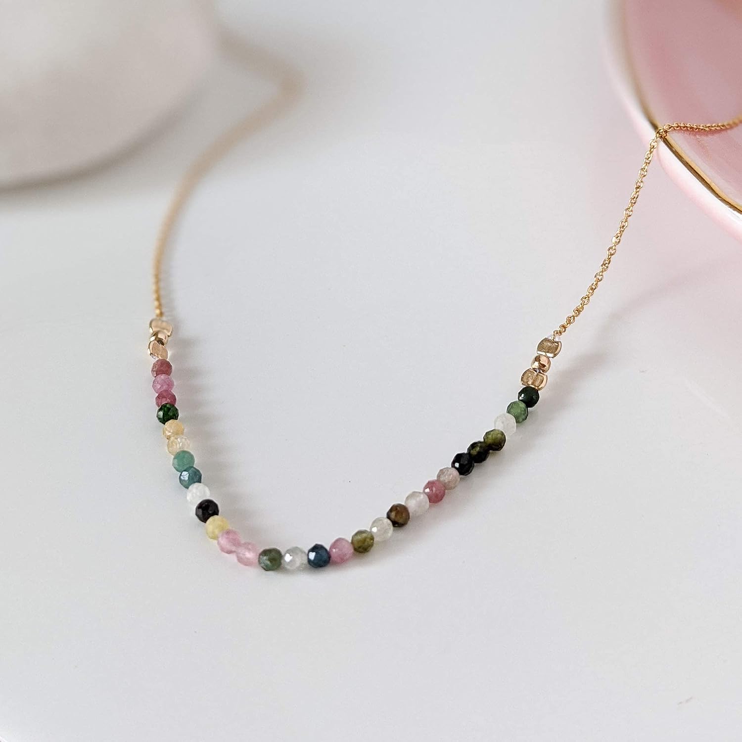 Annika Bella Bead Bar Necklace - Gold Beaded Necklace, Tourmaline Beaded Chain for Women, Short Collar Choker, wOMEN'S STONE Jewelry Dainty Gift for Her