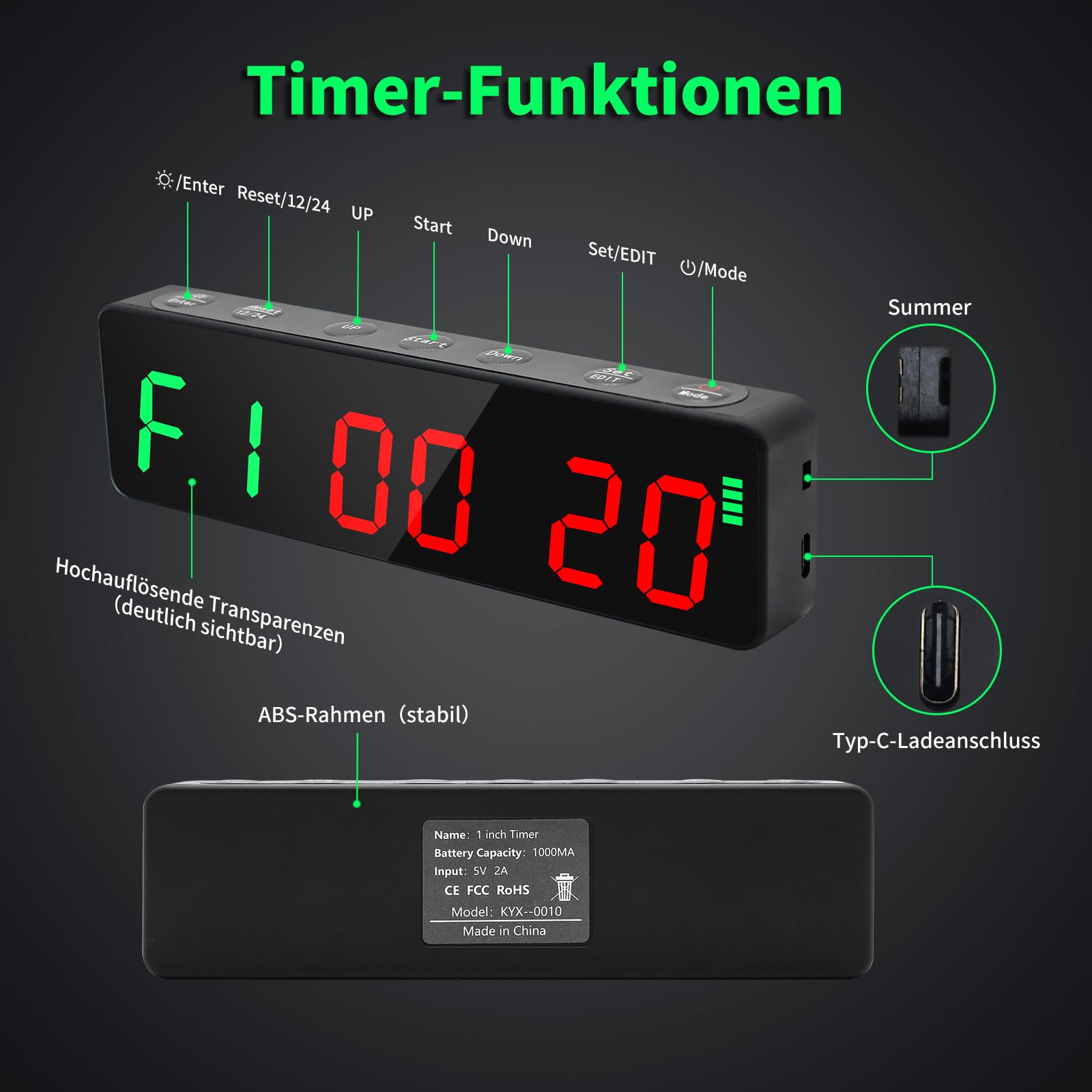 Gym Timer, Mini Portable Gym Clock, Intervall-Timer für Workout, Stoppuhr mit Eingebauter Leistungsstarker Batterie, 12/24H LED Digital Uhr Countdown für Home/Gym/Garage