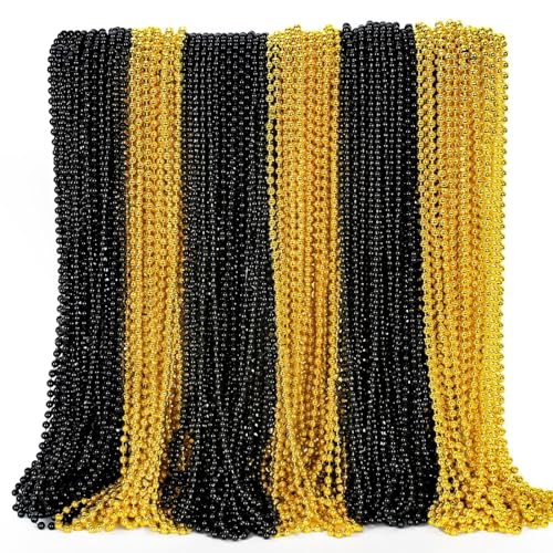 Image of EOBOH 144PCS New Years Eve Bead Necklace, Black Gold Bead Necklace Party Supplies, 33 inch New Years Eve Necklaces Costume Set, Festival Parade Throw for Mardi Gras New Years Celebrations Decorations