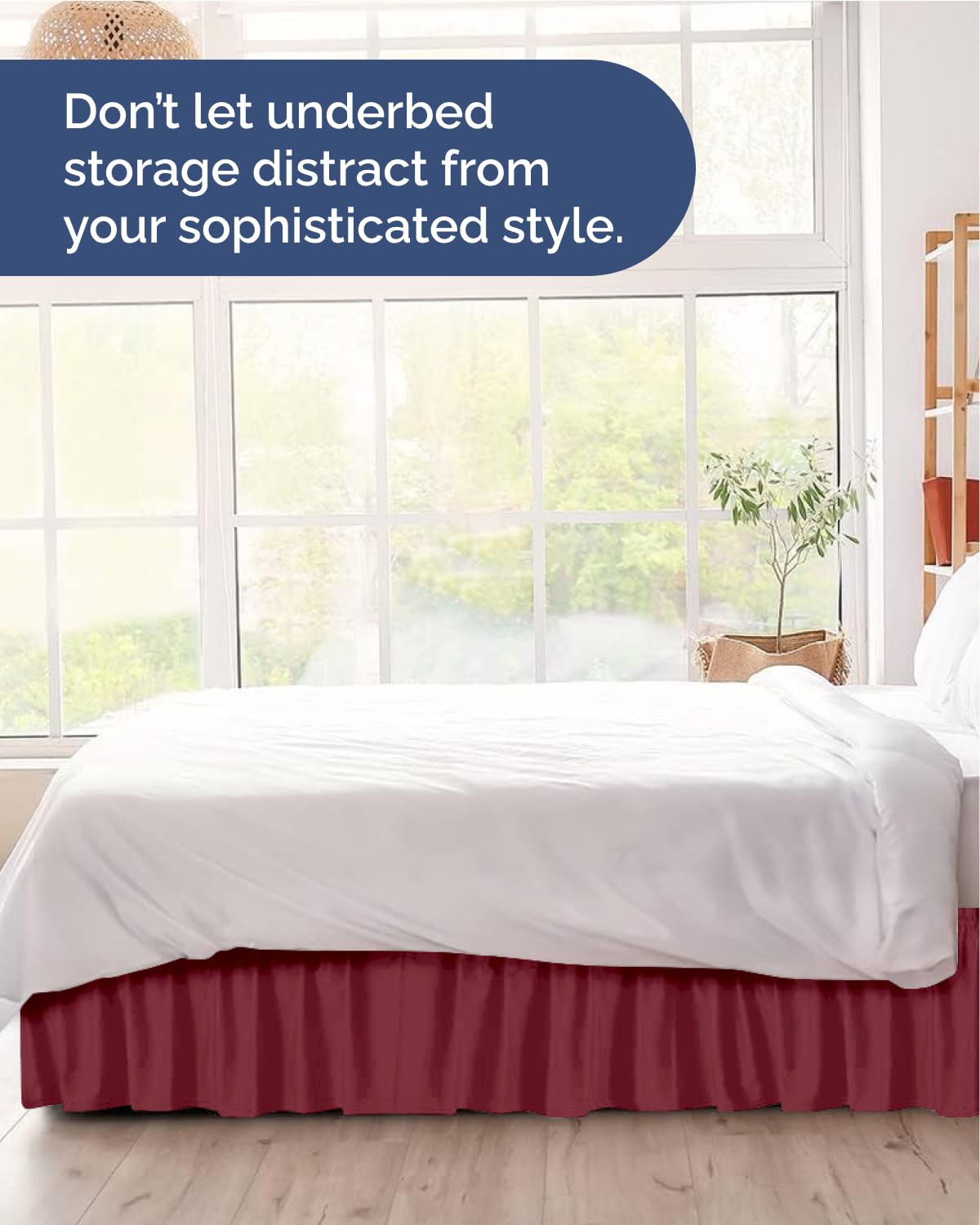 CGK Unlimited Volant de lit plissé en tissu brossé, infroissable, lavable en machine, pour grand lit, hauteur de 38,1 cm, sangle élastique facile à installer, bordeaux