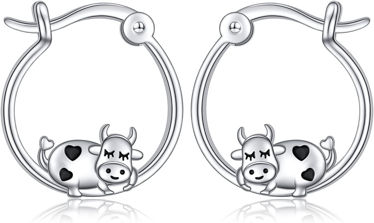 S925 Sterling Silver Cow Cattle Cartilage Calf Earring Cuff Hoops Ear Dangle Drop Stud for Women Jewelry Gifts