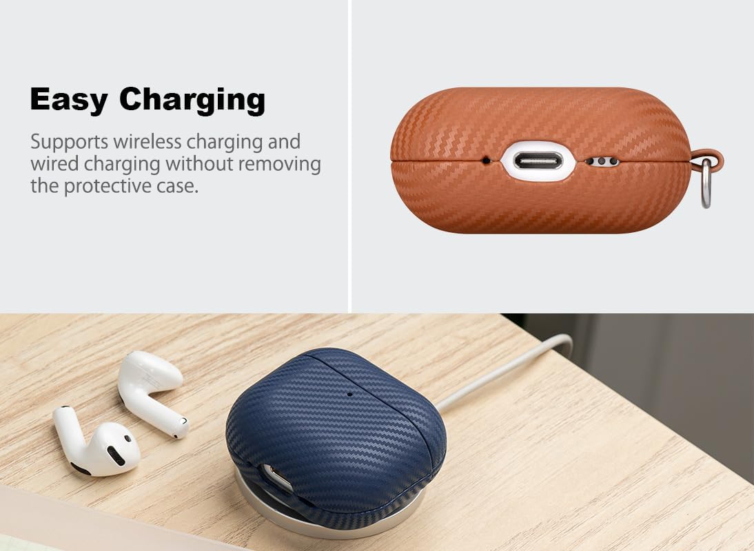 Leather Case for AirPods 4 / AirPods 4 with Active Noise Cancellation Case Cover with Keychain - Selected Skin-Friendly Leather, Carbon Fibre Texture, Handmade Shockproof Hard Cover - Brown