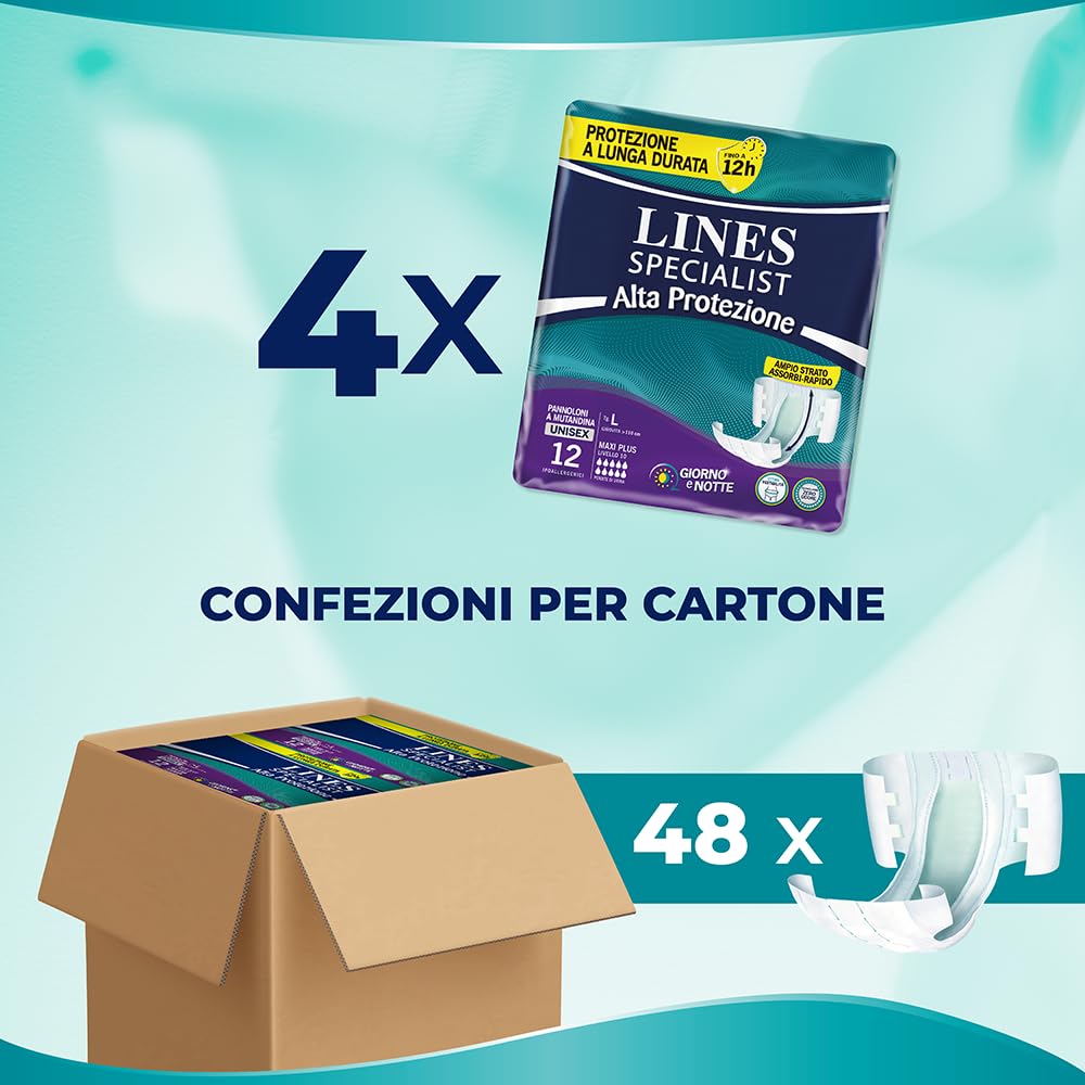 Lines Specialist Pañal de braguita Maxi Plus para incontinencia mujer y hombre, alta protección hasta 12 horas, cero olores, talla L, suministro mensual, paquete de 48 unidades
