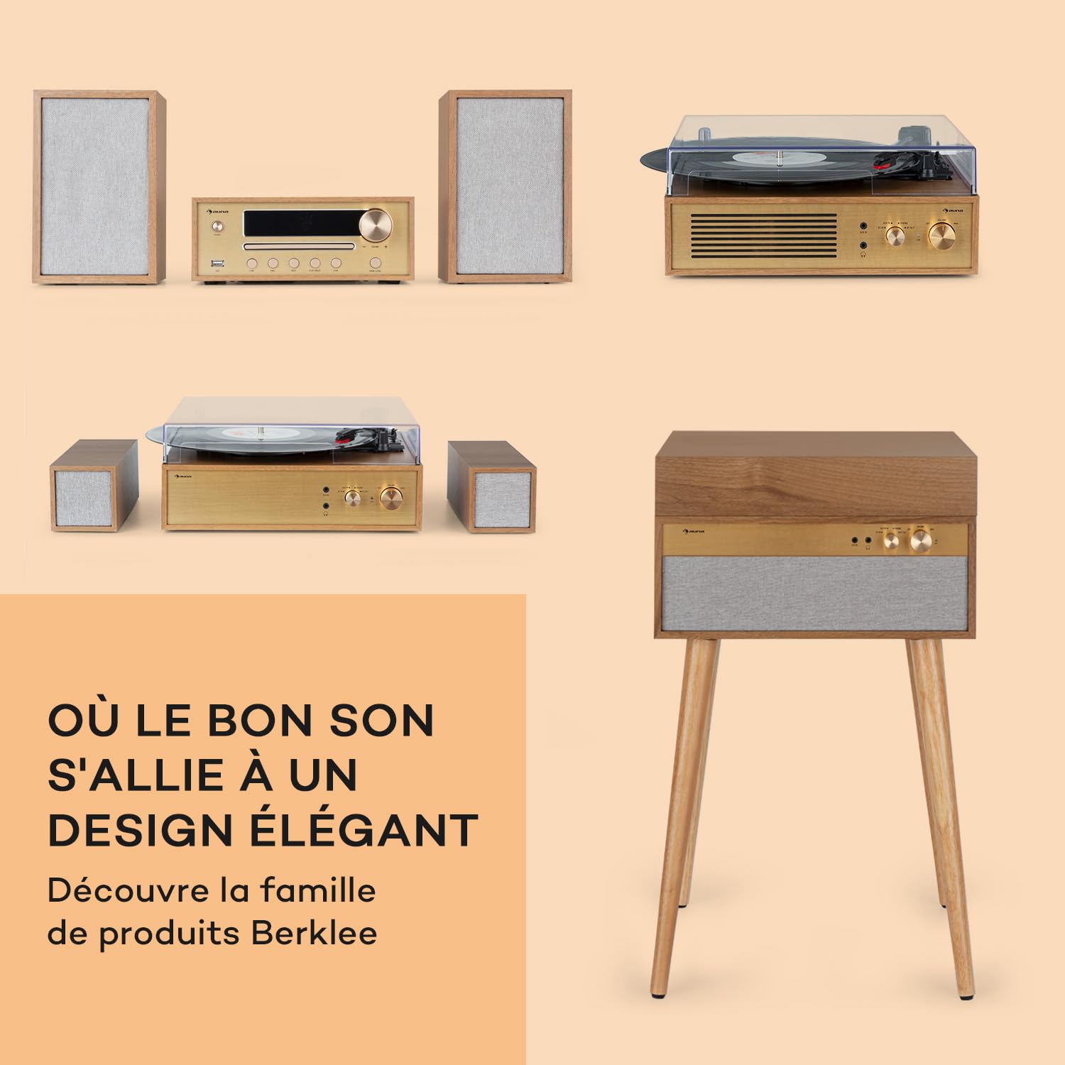 Auna Tourne-disque vinyle pour vinyles avec haut-parleurs, lecteurs de disques audio domestiques, émetteur et récepteur Bluetooth rétro vintage, systèmes stéréo