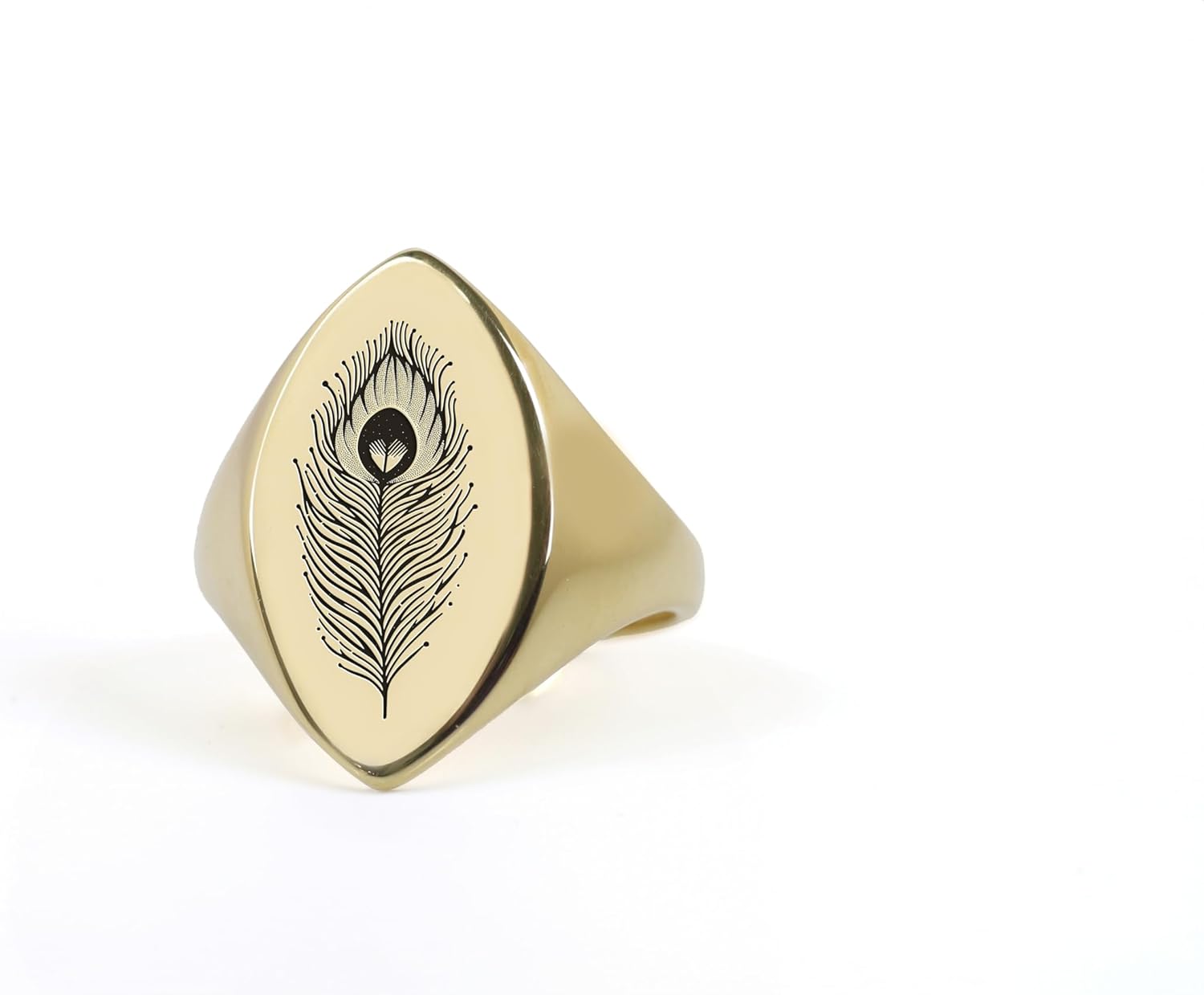 24k Gold Peacock Feather Ring - Marquise Shaped Bold Statement Animal Jewelry for Women