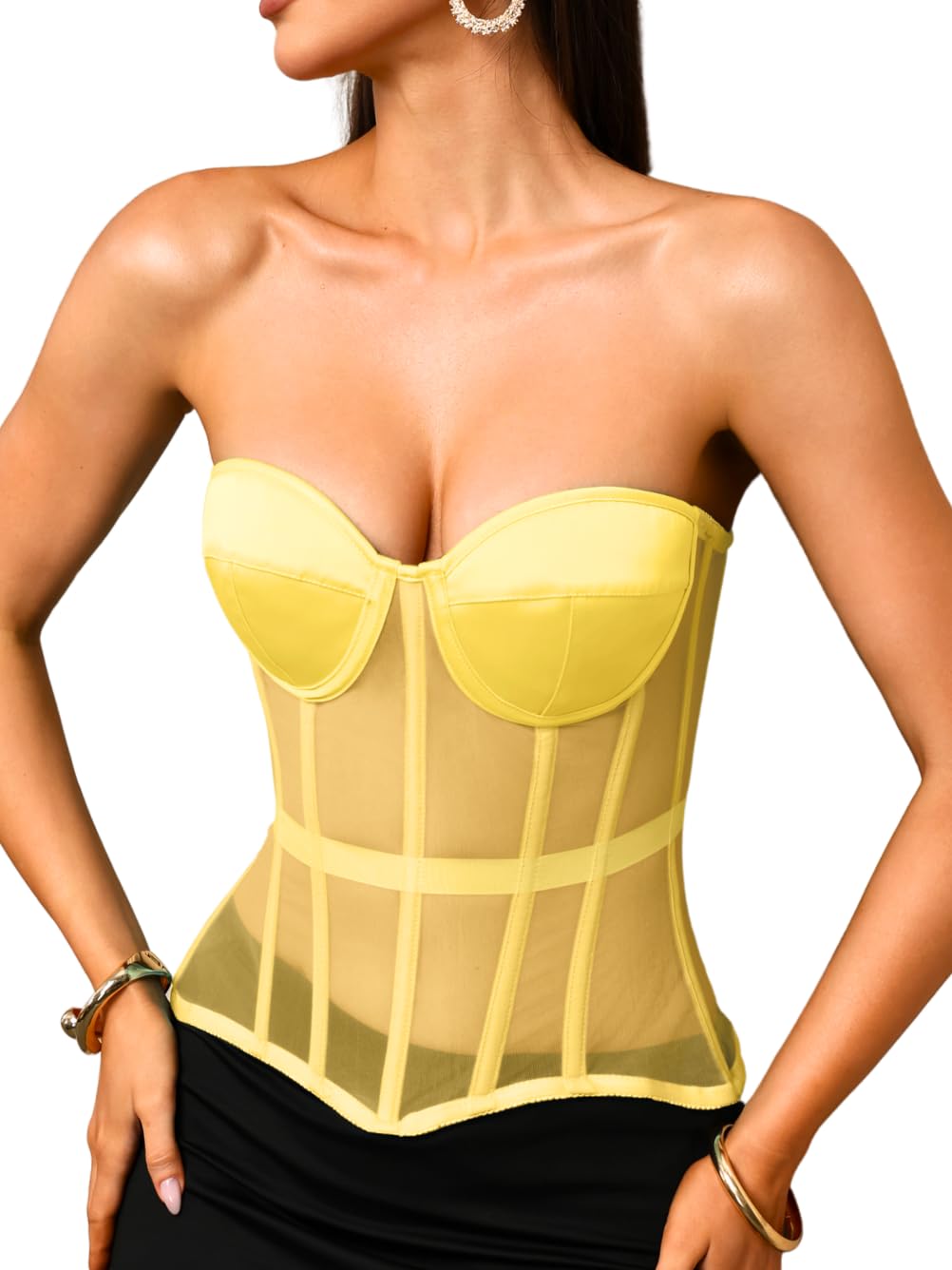 Kaei&amp;Shi Women's Strapless Mesh Corset Top, Padded Lace-Up Bustier