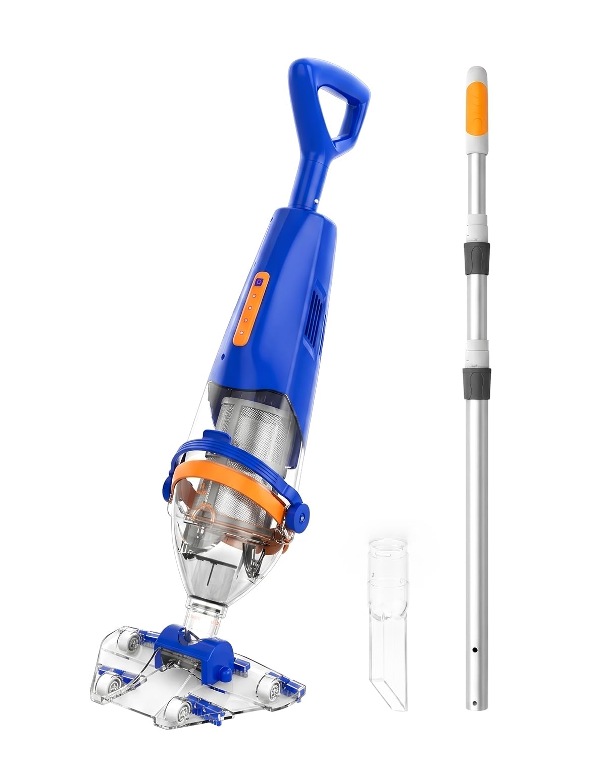 Aspirapolvere per piscina a batteria con telecomando sul manico telescopico, senza fili, con asta telescopica da 176 cm, durata di 75 minuti, potenza di aspirazione 4200 l/h, 2 testine di aspirazione