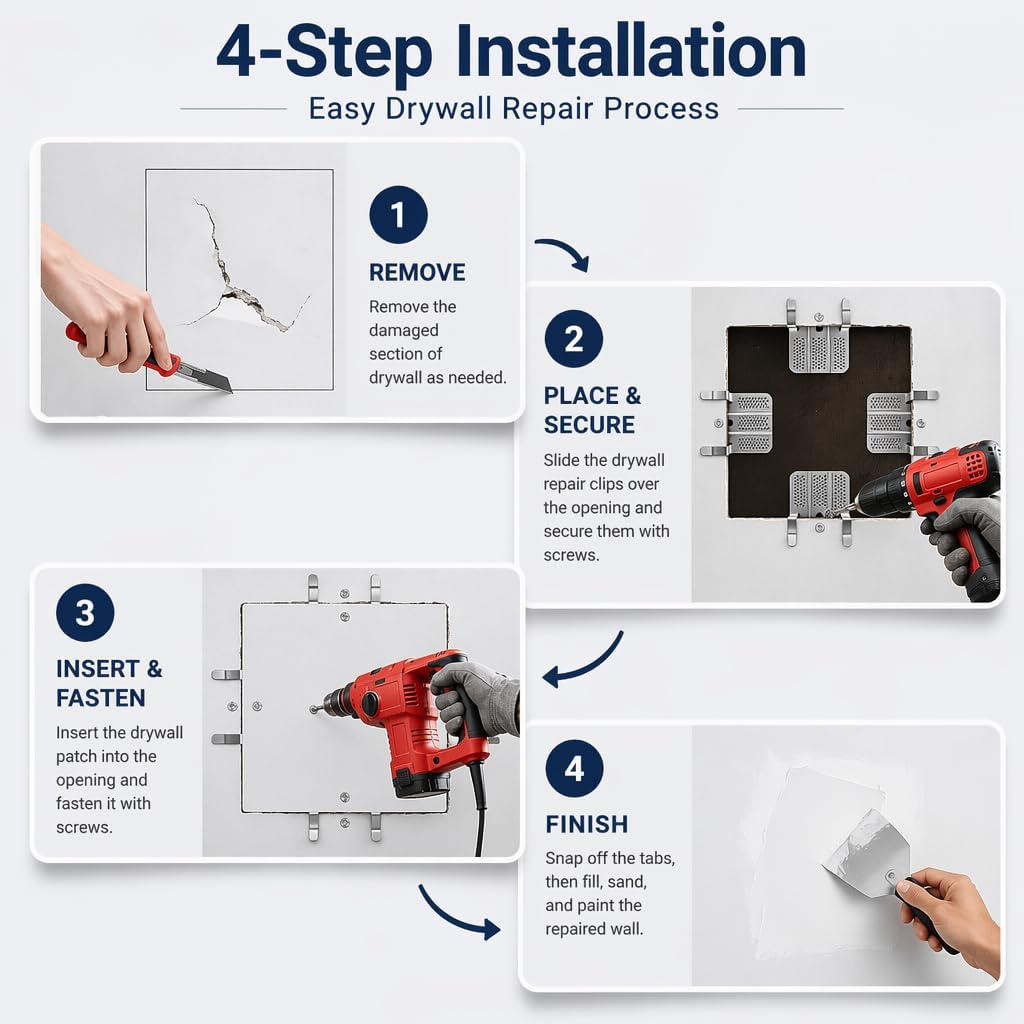 12 Pack Drywall Repair Clips, Heavy Duty Drywall Clips with 24 Screws, Premium Stainless Steel Wall Repair Fasteners for Fixing Damaged Drywall, Holes, Cracks and Home Wall Restoration