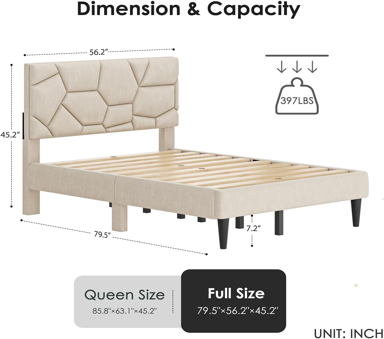 Full Size Bed Frame with Upholstered Headboard, Beige Linen Platform Bed Frame Full Size, Wood Construction with Non-Slip Legs, 7.2 Inch (Full Size)