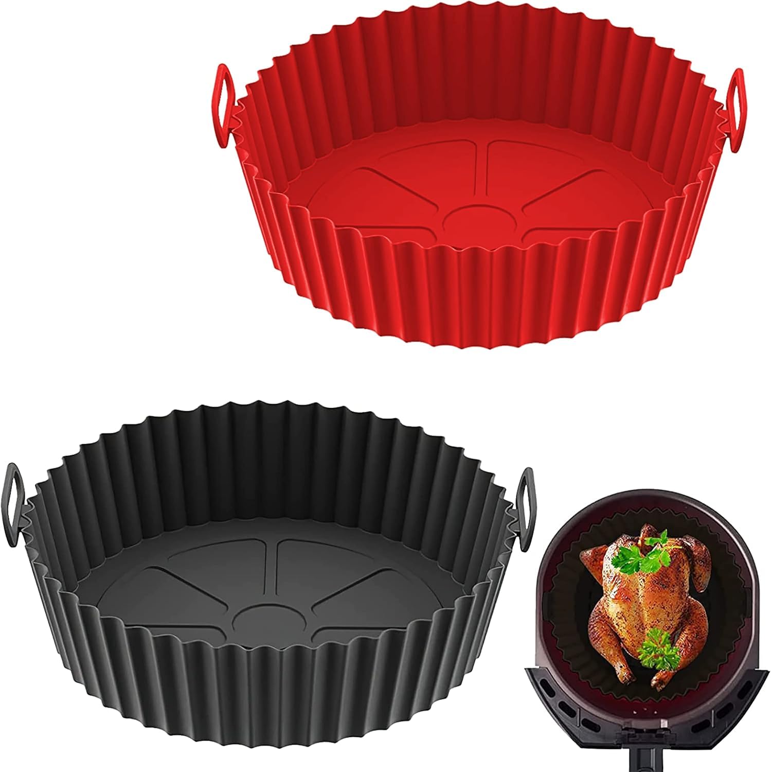 UCRAVO Pack of 2 Round Silicone Air Fryer Liner Round Reusable Washable, Pot with Ear Handles, Basket Baking Tray, Reusable Silicone Air Fryer Liners for Easy Clean-Up, Perfect Air Fryer Accessories-image-36