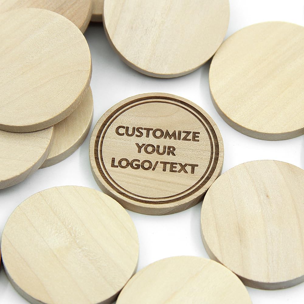 50-1000PCS Custom Wooden Round Bar Tokens, Laser Engraved with Your Logo and Text, Poker Chips for Bar, Party, Wedding, Festival, Corporate Event, Board Games