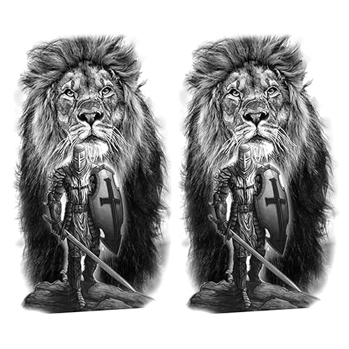 2 hojas realistas de tatuajes temporales de animales, diseño de The Crusades Knight Soldier Warrior Cross Lion para hombres, impermeables, piernas