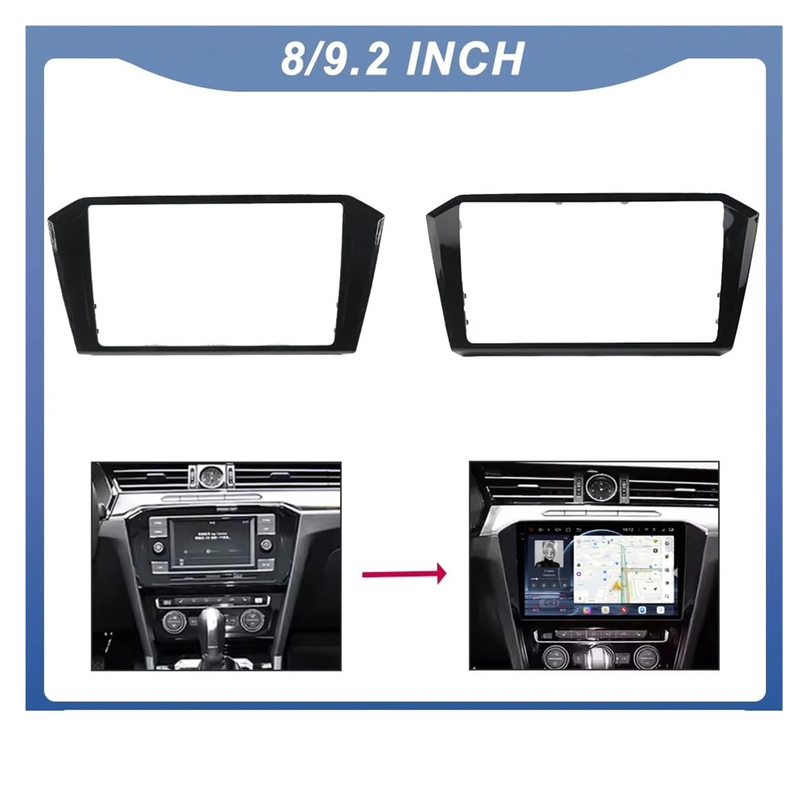 Mascherina Autoradio Cornice Stereo 8 Pollici 9.2 Pollici per VW per Passat B8 2018+ Car Stereo Android Radio Player Audio Fasce Schermo Cornice Pianoforte Lunetta Nera