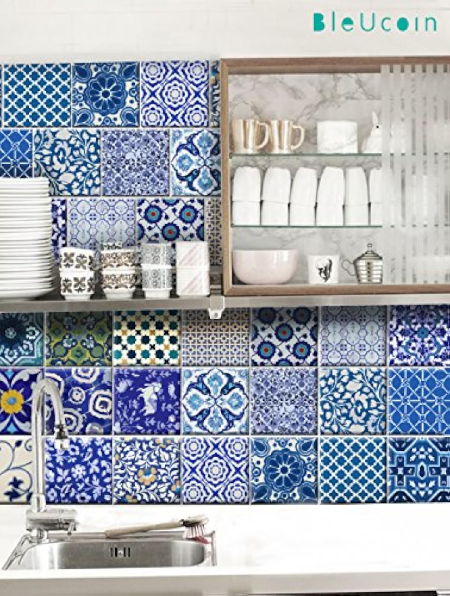 Blue Pottery Peel and Stick Tile Stickers for Kitchen & Bathroom
