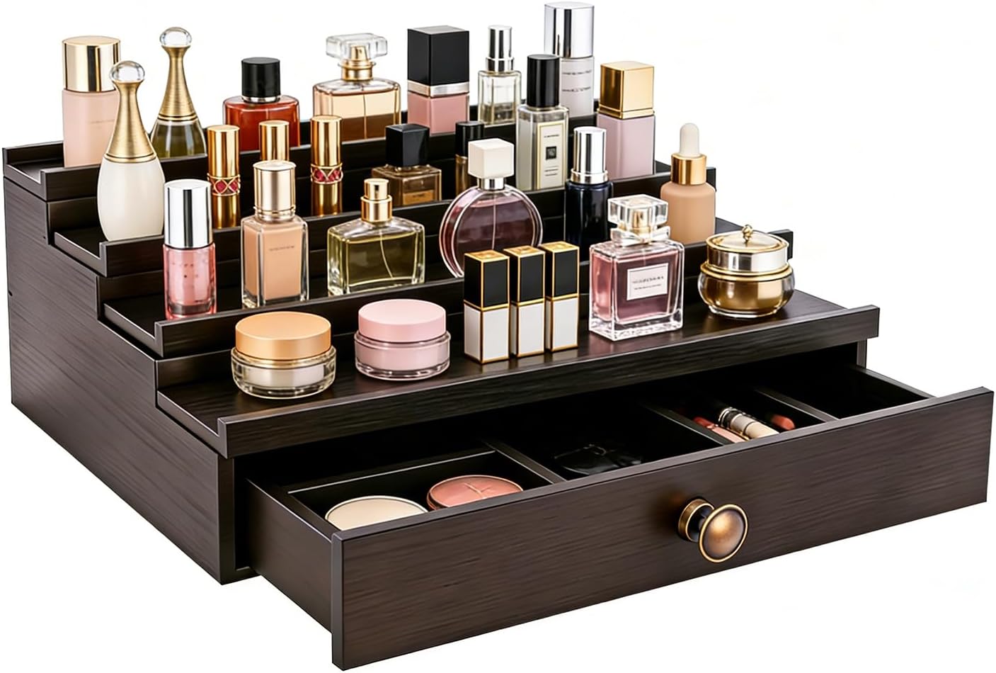 Men's Cologne Organizer 4 Tier Wooden Perfume Stand with Hidden Compartment & Bottom Drawer, Handmade Pine Wood Fragrance Display Shelf Storage for Cologne, Watches, Jewelry, Holiday Gift for Men Father's Day Birthday