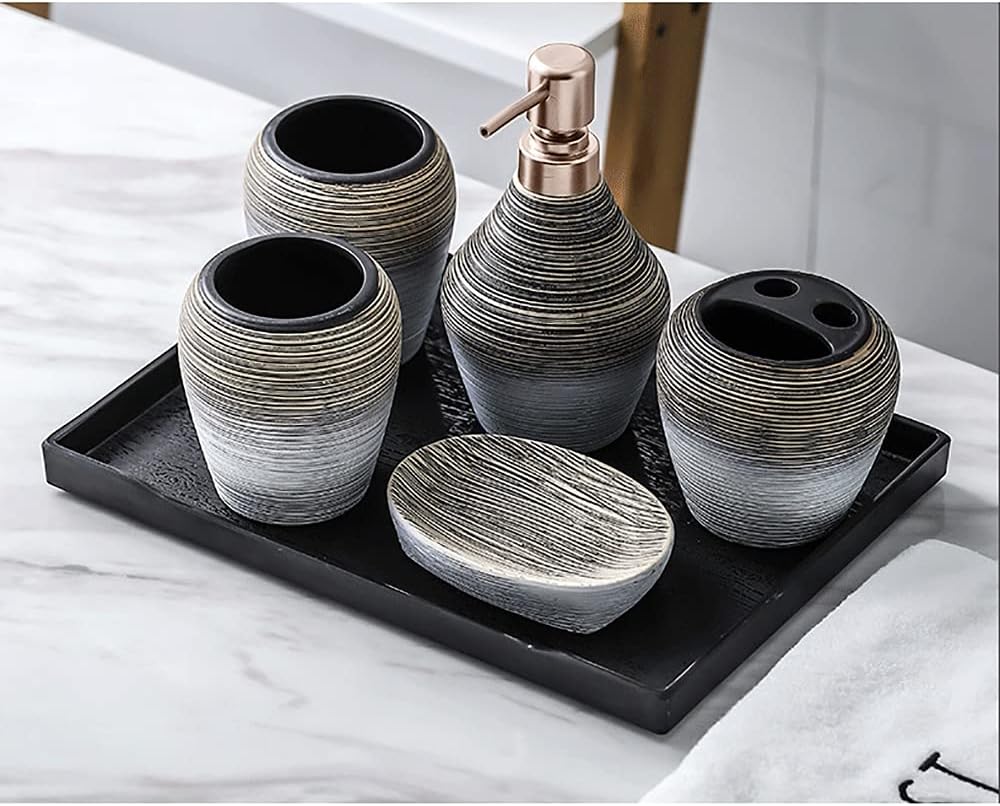 Ceramic Bathroom Set, Lotion Dispenser with Tray Soap Dish Toothbrush Holder Gargle Cups, 5 Pieces Bathroom Accessories for Home Hotel Salon