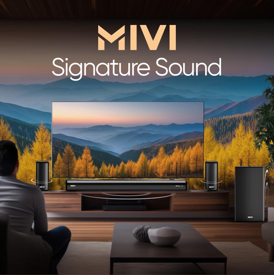 Mivi Nex 800 Soundbar remote control showing various buttons for power, input selection, volume, and EQ modes.