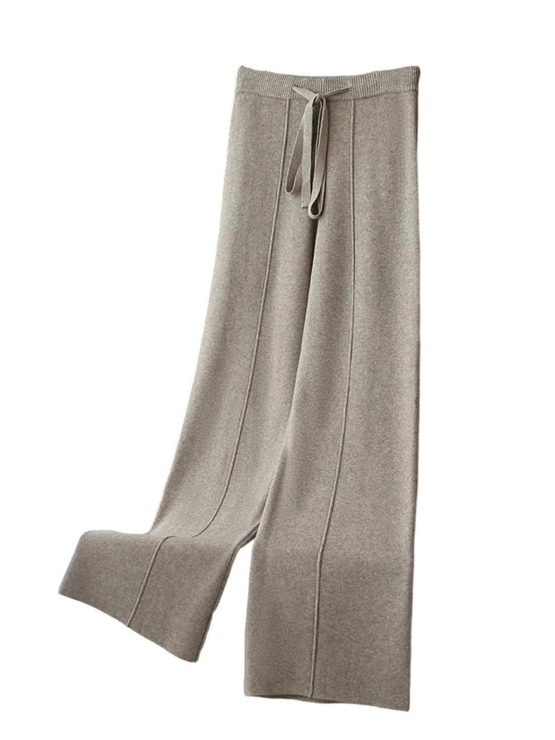 Womens Stretch Yarn Knitted Loose Center Line Wide Leg Pants Winter Casual All-Match Warm Floor Length Taupe