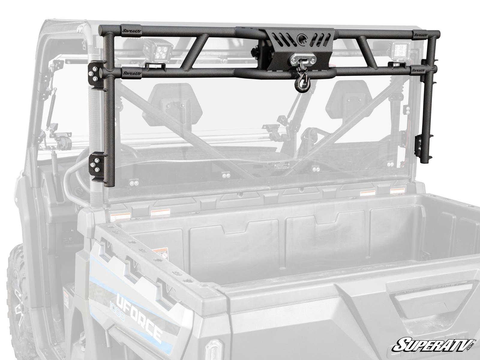 SuperATV Game Loader Rack for CFMOTO UForce 1000 | Includes 2 Cube Lights | Ultimate Hunting Upgrade with 500-Pound Winch | Robust Steel Construction | Enhanced Visibility and Versatility