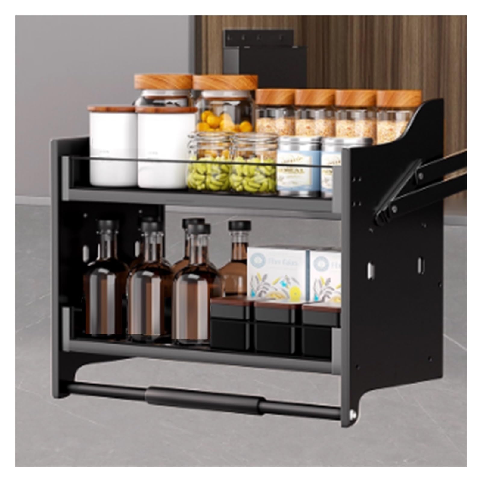 IUokLU 2-Tier Pull Down Cabinet Organizer, Adjustable Spice Rack with Sliding Storage Basket, Easy Access Kitchen Organizer - 1PC(Black-560-590mm)