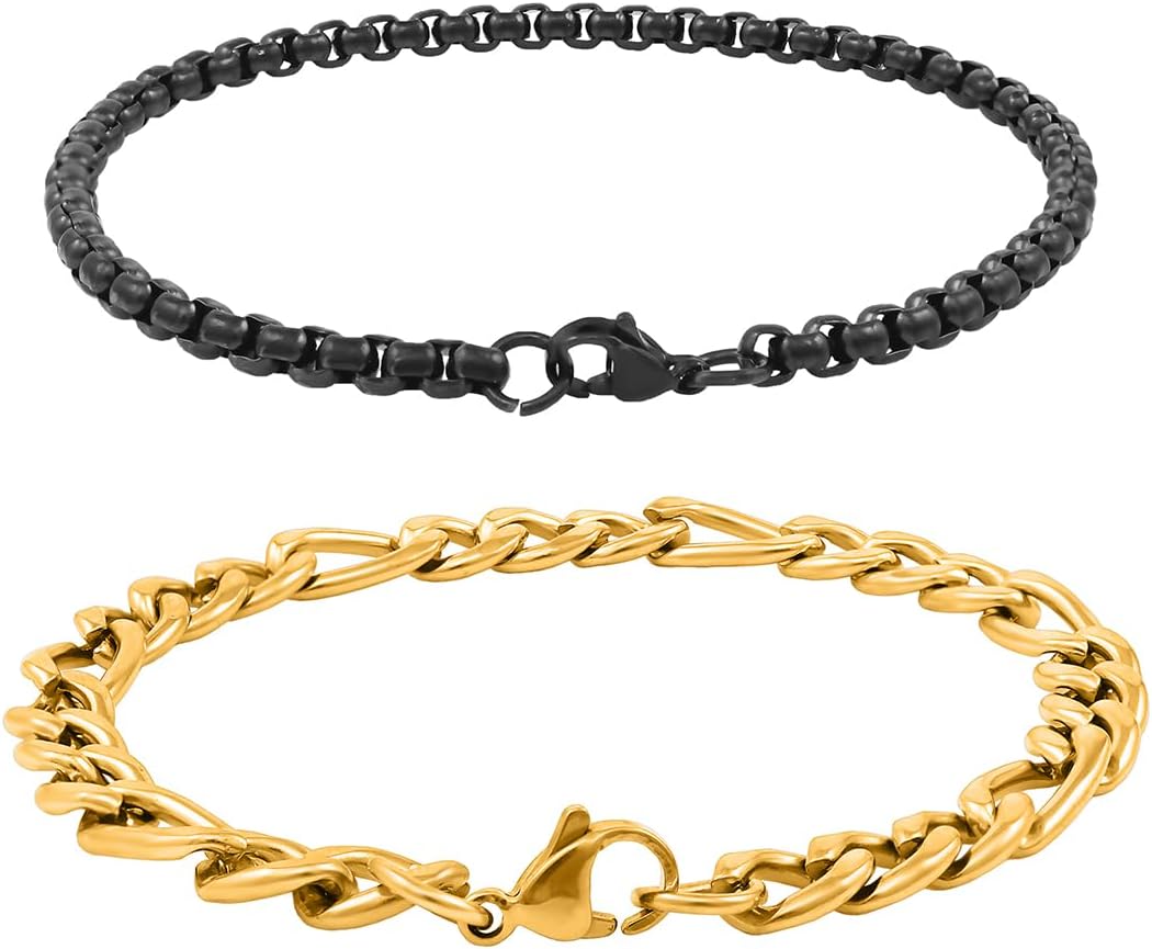 Nakabh Combo of Chain Stainless Steel Wrist Bracelet for Men Boys Unisex (NAK-2220257)(Black + Gold), One Size, Stainless Steel, No Genstone
