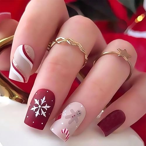Uñas postizas cortas a presión con copos de nieve, uñas postizas cuadradas de Navidad, uñas acrílicas de hombre de jengibre de nieve blanca, kit de