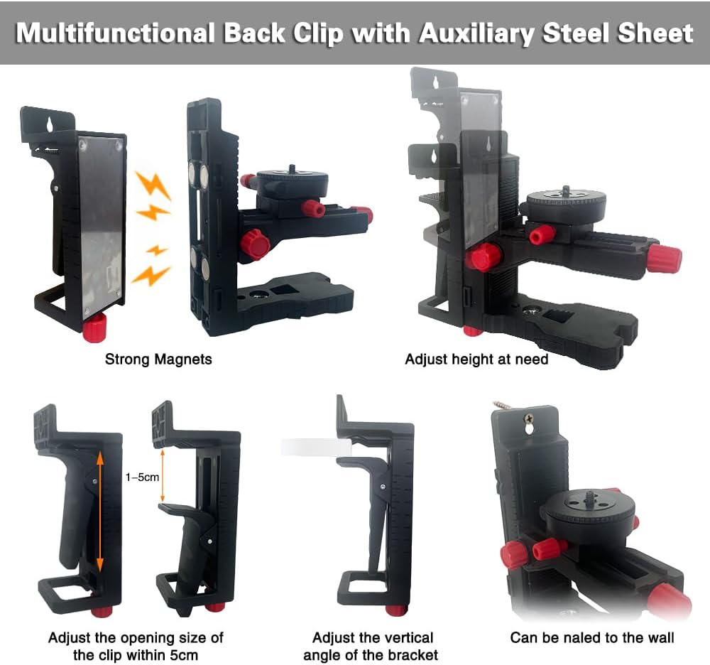 Height Adjustment Fine-tuning Magnetic Laser Level Bracket, Multifunctional Magnetic Pivoting Base with Adjustable Clip, 360° Adjustable Support with 1/4"-20 Male Threaded,