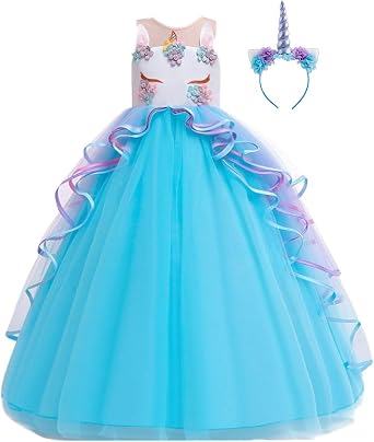 REXREII Girls Unicorn Party Sleeveless Long Tulle Dress w/Headband Halloween Costume Princess Birthday Christmas Ball Gown