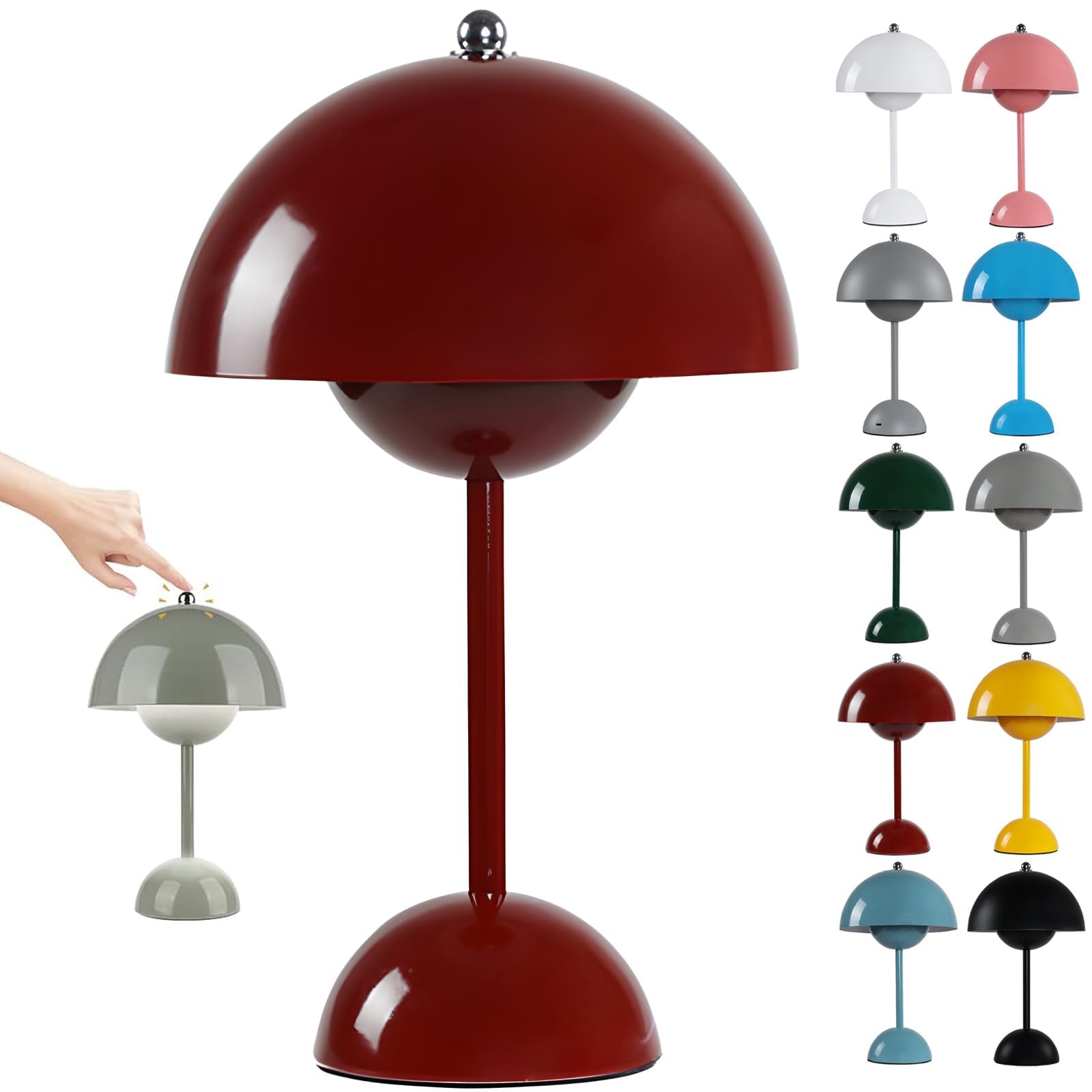 Hskjtt Claret Rechargeable Led Mushroom Lamp, Wireless Flowerpot Table Lamp Touch Dimmable Table Lamp With 3 Brightness Modes Bedside Lamp Mushroom Lamps Desk Lamp,