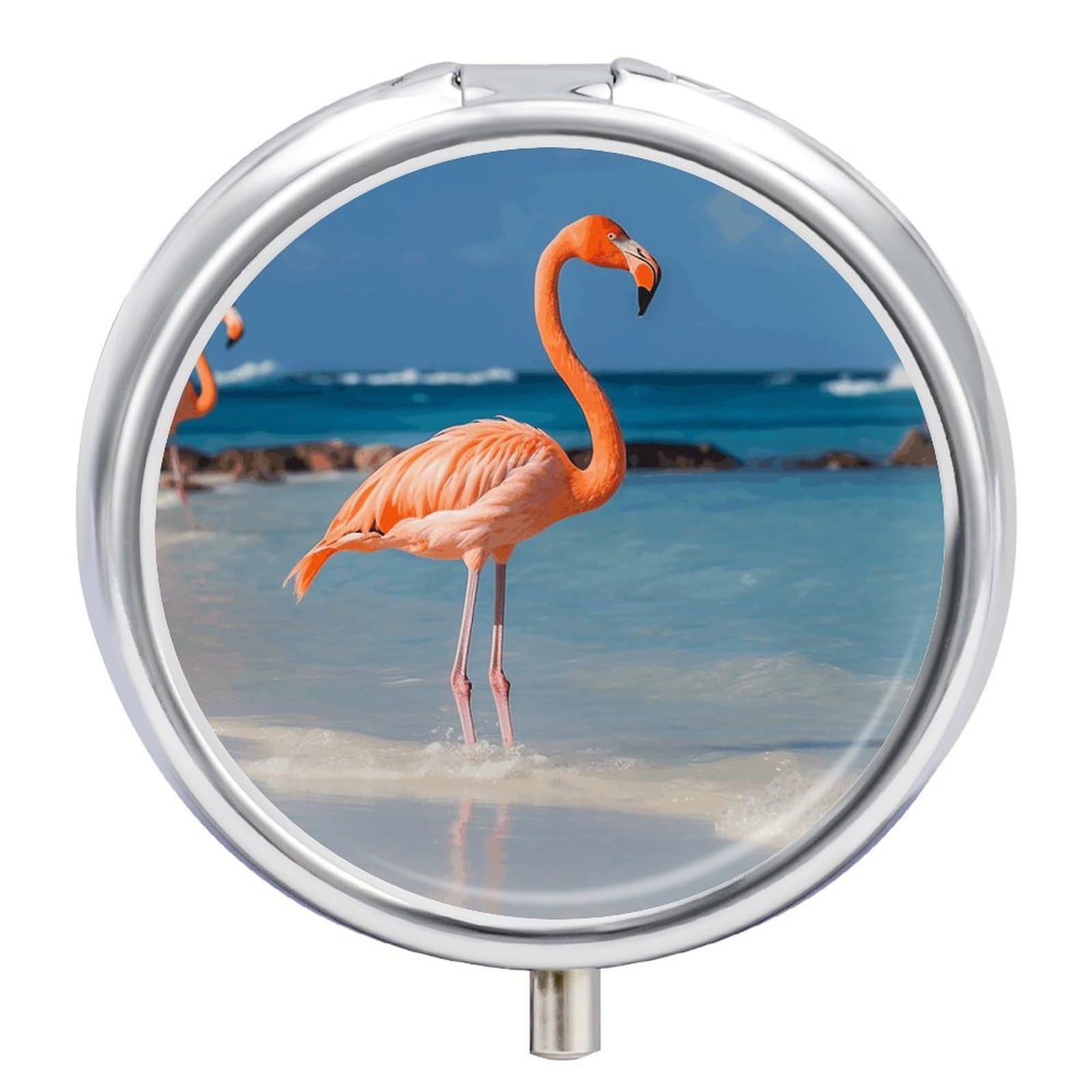 Pill Box 3 Compartment Small Pill Case for Purse & Pocket Beach Flamingo Round Pill Box Cute Vitamins Fish Oil Supplements Oil Storage Box Portable Pill Containe Travel Gift