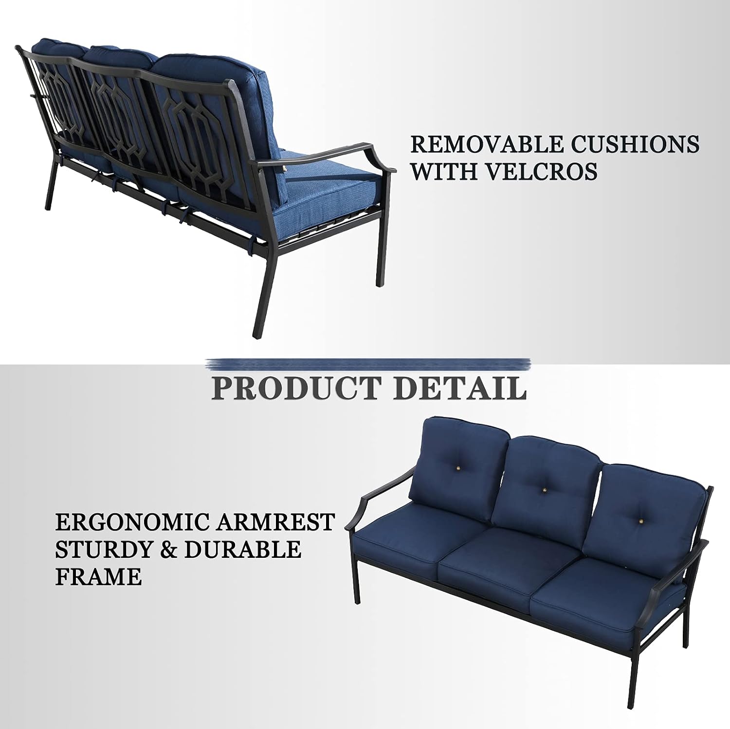 Festival Depot 2 Pcs Metal Furniture Outdoor Loveseat Patio Sofa with Coffee Table 3-Seating Outside Couch with Cushions for Deck Porch Backyard (Blue)