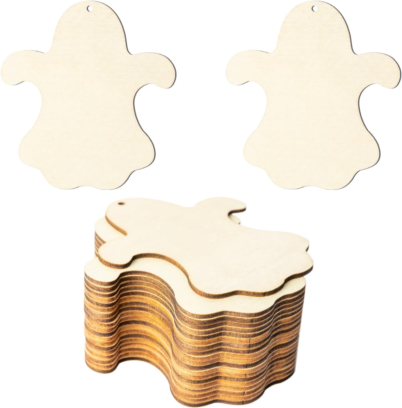 Halloween Ghost Shape Unfinished Wood Happy Halloween Hanging Wood with Twines for DIY Holloween Party Home Decoration 20pcs