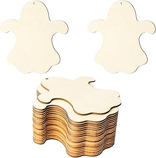 Halloween Ghost Shape Unfinished Wood Happy Halloween Hanging Wood with Twines for DIY Holloween Party Home Decoration 20pcs