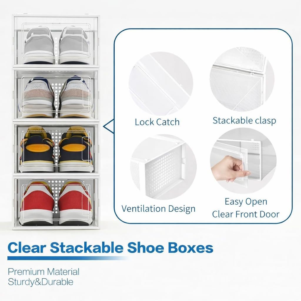 Seseno 12 Pack Shoe Organizer Storage Bins Clear Plastic Stackable Shoe Boxes for Closet, Space Saving Foldable Shoe Storage Case, Sneaker Storage Shoe Box Container