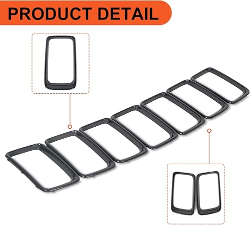 Miniatura 5 de ECOTRIC Anillo de inserción para parrilla delantera compatible con Jeep Grand Cherokee 2014-2016 (7 piezas) rejilla ABS negro brillante
