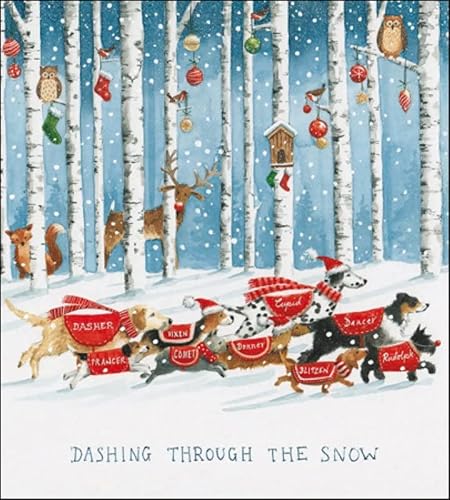 Woodmansterne Pack Of 5 Artistic Charity Christmas Cards - Dashing Through The Snow - Lovely Illustration Of Dogs Running Through Snowy Forest - 5 Car