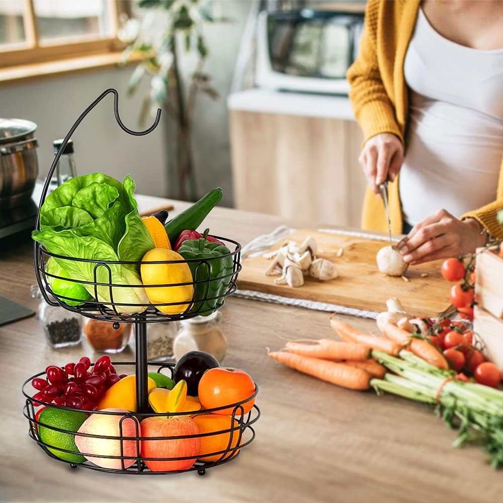Bextsrack 2 Tier Fruit Basket Bowl with Banana Hanger for Kitchen Countertop, Detachable Fruit Vegetable Storage Holder Display for Kitchen - Black : Home & Kitchen