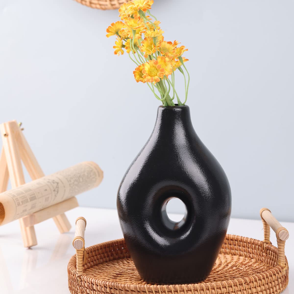 Set di 4 vasi rotondi in ceramica nera Per decorazione di erba e fiori della pampa Vasi moderni e minimalisti per soggiorno, camera da letto, camino e tavolino da caffè