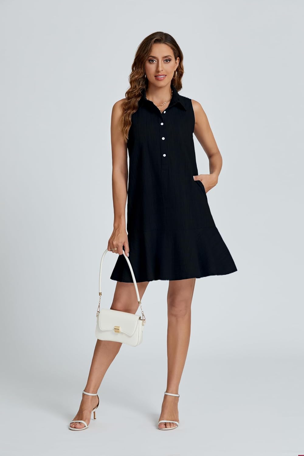 Women‘s Sleeveless Shirt Dress Ruffle Hem Cotton Tunic Tank Dress Button Up Swing Shift Mini Dresses - Image 4
