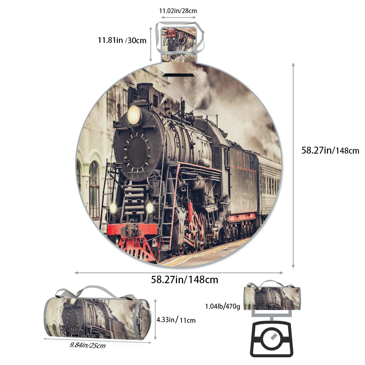 Shimoshe Vintage Express Steam Train Picnic Outdoor Blanket Foldable Waterproof Sandproof Beach Blanket Portable Water-Resistant Round Picnic Mat for Travel Camping Park Lawn