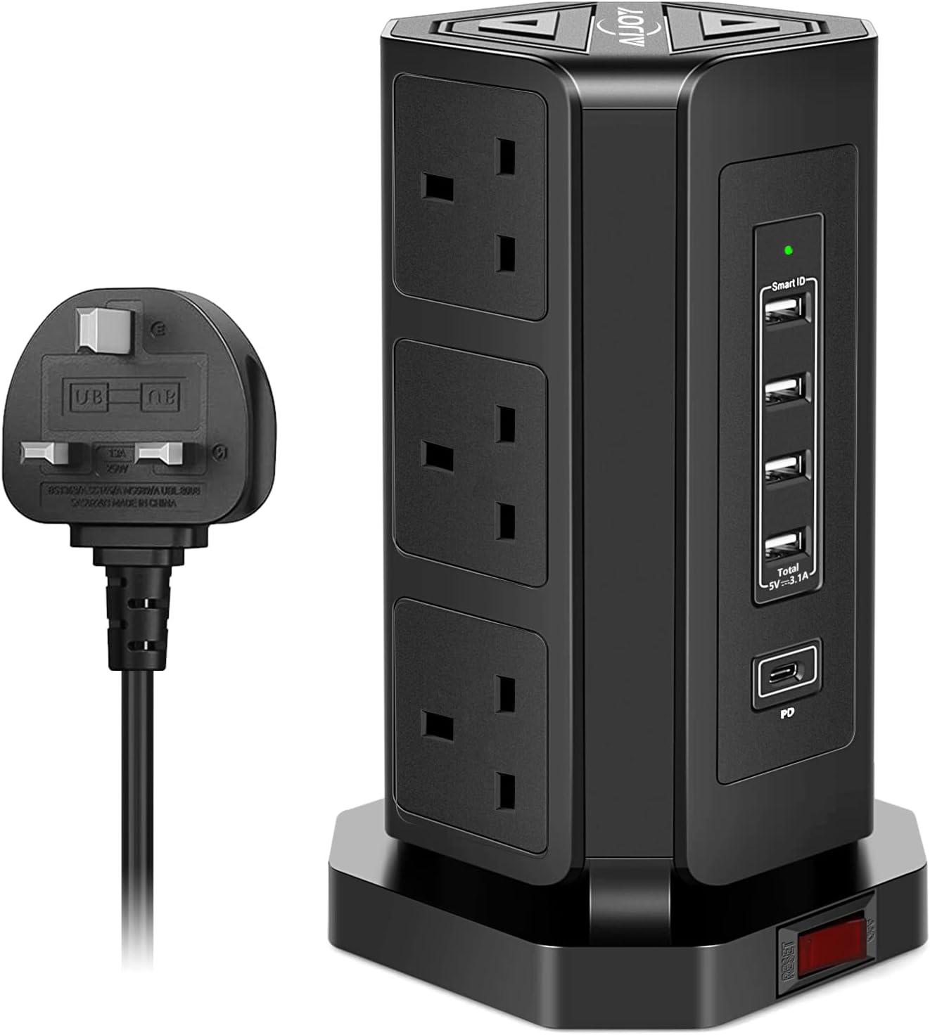 AiJoy USB C Surge Protector Power Strip Tower, 9 AC Outlet with 5 USB(4 USB A, 1 18W PD Port) Charging Ports Multi Plug Outlet Long Extension Cord 10Ft