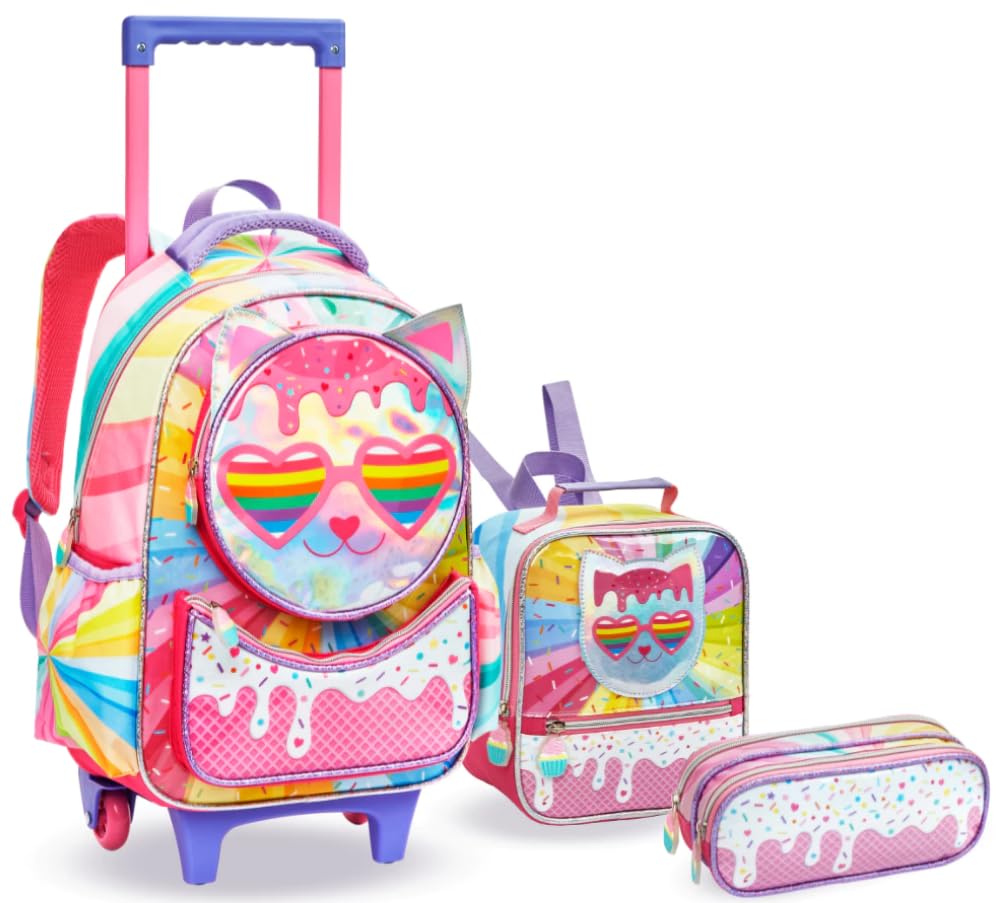 Kit Mochila Escolar Infantil com Rodinhas 3 em 1 para Menina – Mochila + Lancheira + Estojo – Mochila de Rodinha Feminina Infantil - Sereia, Unicórnio e Fada (Gatinho)