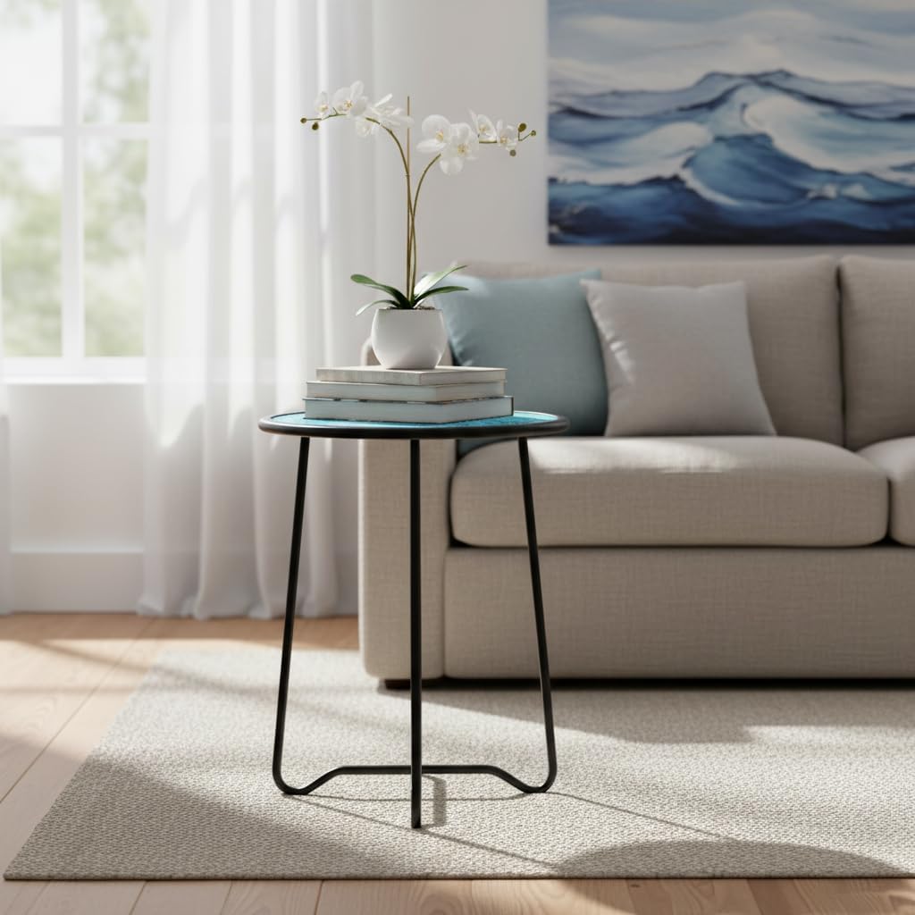 liffy outdoor side table,14" indoor outdoor round glass tabletop accent table with metal frame, decorative plant stand & end table for home, patio, garden light blue-14 inches