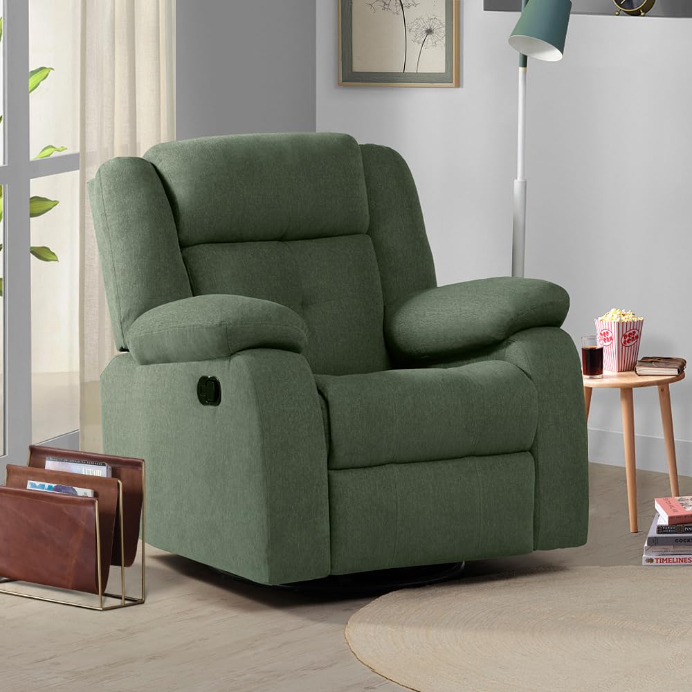 Sleepyhead RX7 Designed by Duroflex - 3 Position Manual Recliner Chair with Rocking & 360° Swivel |Fabric Single Seater Recliner Sofa Ffor Living Room |Plush Cushion |160° Recline - Irish Green