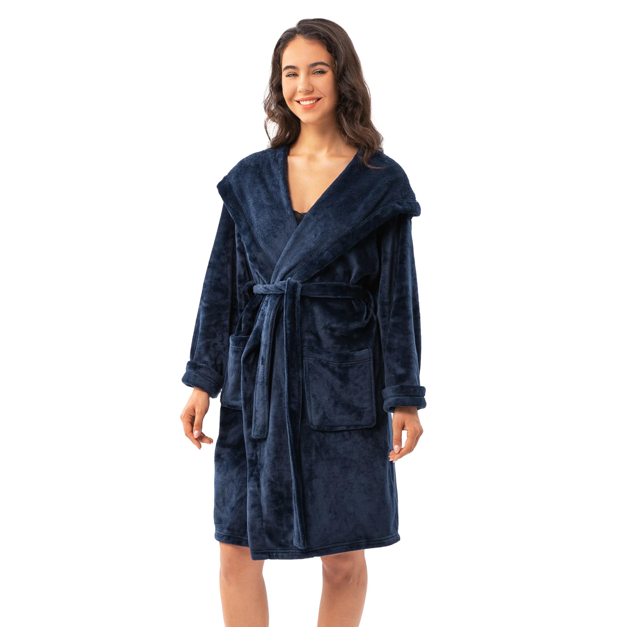 WinthomeLadies Dressing Gown,Super Soft Fluffy Bathrobe with Hood,Winter Cozy Fleece Bath Robe for Women Men Dressing Gown with Pocket