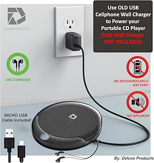 CD Player Portable with 60 Second Anti Skip, Stereo Earbuds, Includes Aux in Cable and AC USB Power Cable for use at Home or in Car