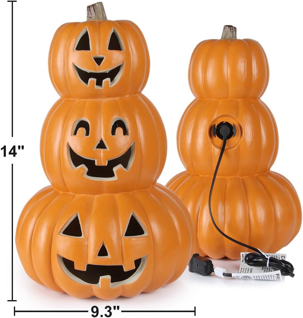 Dimensions of the DUNCHATY 14-inch 3-Smile Jack-O'-Lantern, showing 14 inches height and 9.3 inches width.